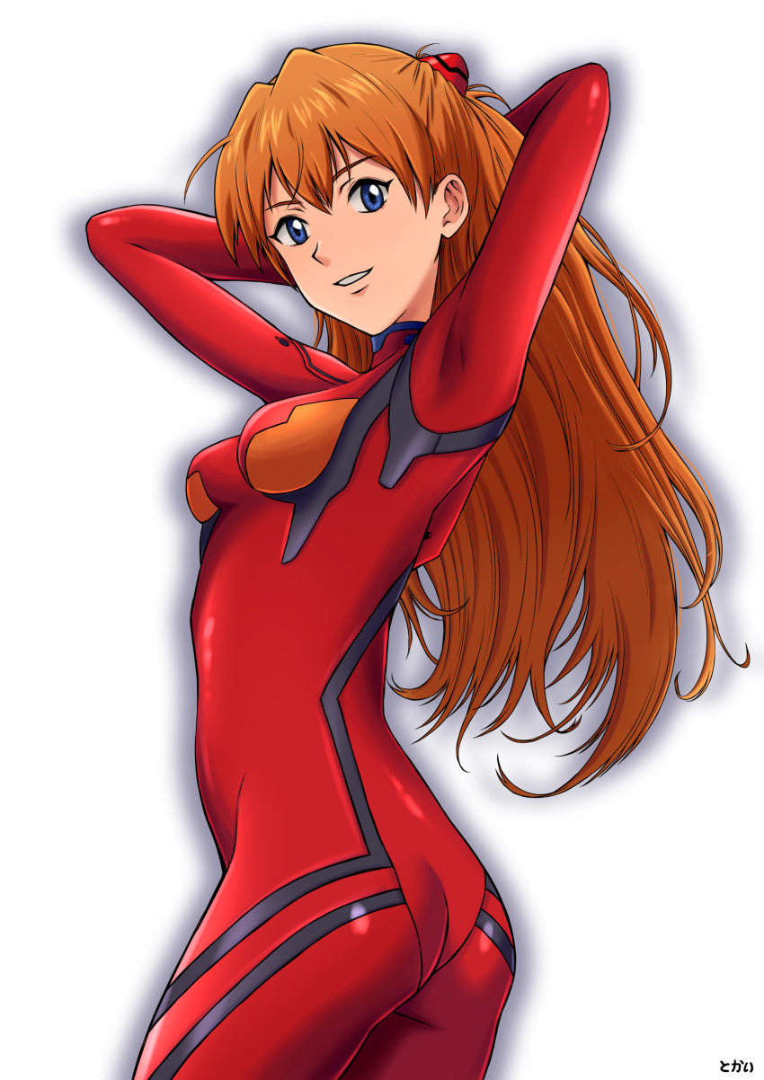 1girl absurdres arms_up ass blue_eyes bodysuit breasts cowboy_shot from_side highres huge_filesize interface_headset_(evangelion) long_hair looking_at_viewer mecha_pilot_suit neon_genesis_evangelion orange_hair plugsuit_(evangelion) red_bodysuit simple_background small_breasts smile souryuu_asuka_langley standing teeth tokai variant_set very_long_hair white_background