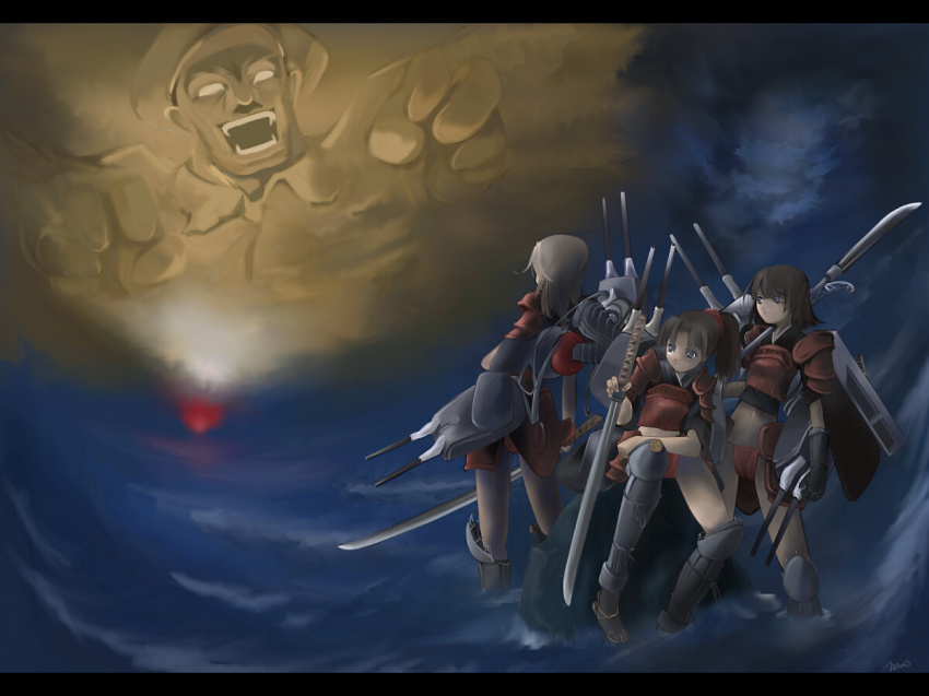 3girls armor brown_hair cruiser fundoshi hat imperial_japanese_navy japanese_armor japanese_clothes katana letterboxed long_hair mecha_musume military military_vehicle multiple_girls naginata nano_(nanosize) ocean open_mouth original personification polearm ponytail projected_inset samurai ship ship_turret sword wading warship water watercraft weapon white_eyes william_halsey william_halsey_jr world_war_ii