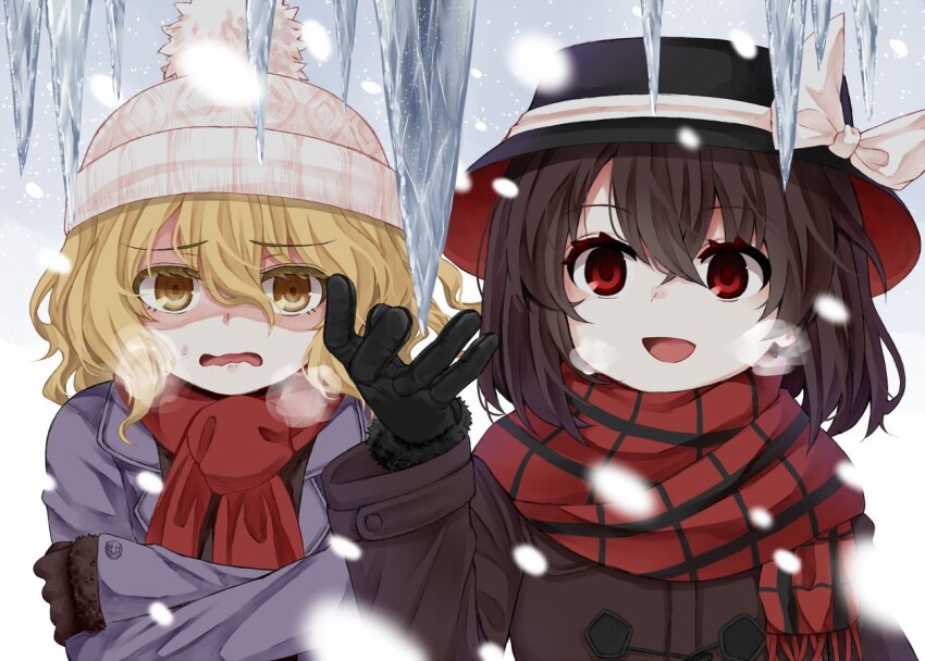 2girls :d black_gloves black_headwear blonde_hair bow breath brown_coat brown_hair cloud cloudy_sky coat commentary_request crossed_arms fedora gloves hat hat_bow ice long_sleeves maribel_hearn multiple_girls open_clothes open_coat open_mouth outdoors plaid_clothes plaid_scarf pom_pom_(clothes) purple_coat red_eyes red_scarf scarf short_hair sky smile stalactite touhou upper_body usami_renko wavy_mouth white_bow white_headwear wind yellow_eyes zetsumame