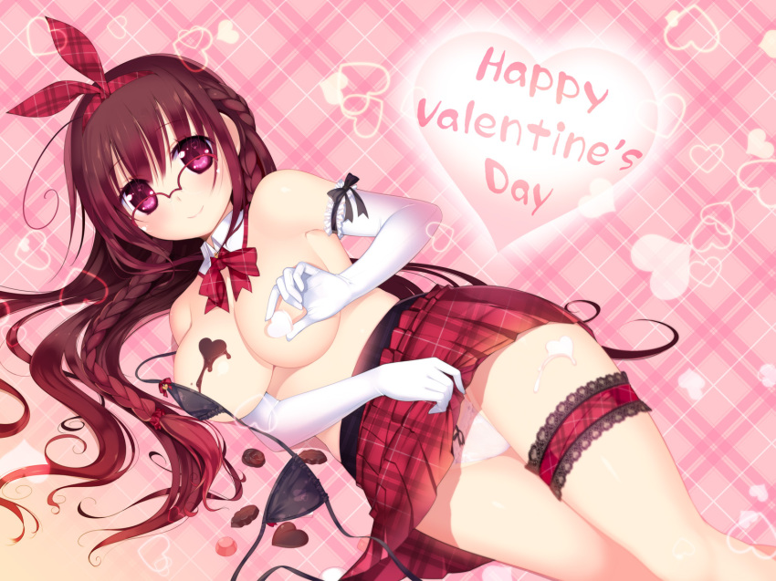 1girl arima_senne bikini black_bikini blush braid breasts brown_hair chocolate detached_collar elbow_gloves female_focus frilled_thigh_strap glasses gloves happy_valentine heart highres kashiwamochi_yomogi large_breasts long_hair mole mole_on_breast original panties pantyshot plaid_background plaid_clothes plaid_skirt red-framed_eyewear red_eyes semi-rimless_eyewear skirt smile solo swimsuit thigh_strap underwear unworn_bikini_top upskirt valentine white_chocolate white_gloves white_panties
