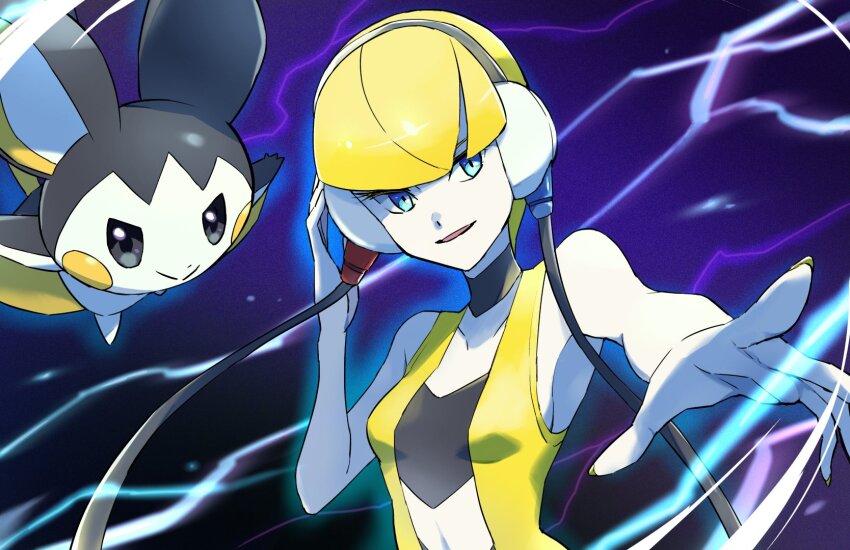 1girl adjusting_headphones ayo_(ayosanri009) bare_arms black_choker blonde_hair blue_eyes blunt_bangs breasts choker collarbone commentary_request dress electricity elesa_(pokemon) emolga flying_squirrel gen_5_pokemon hand_up headphones highres low_neckline nintendo pokemon pokemon_(creature) pokemon_bw short_hair sleeveless sleeveless_dress smile squirrel upper_body yellow_dress