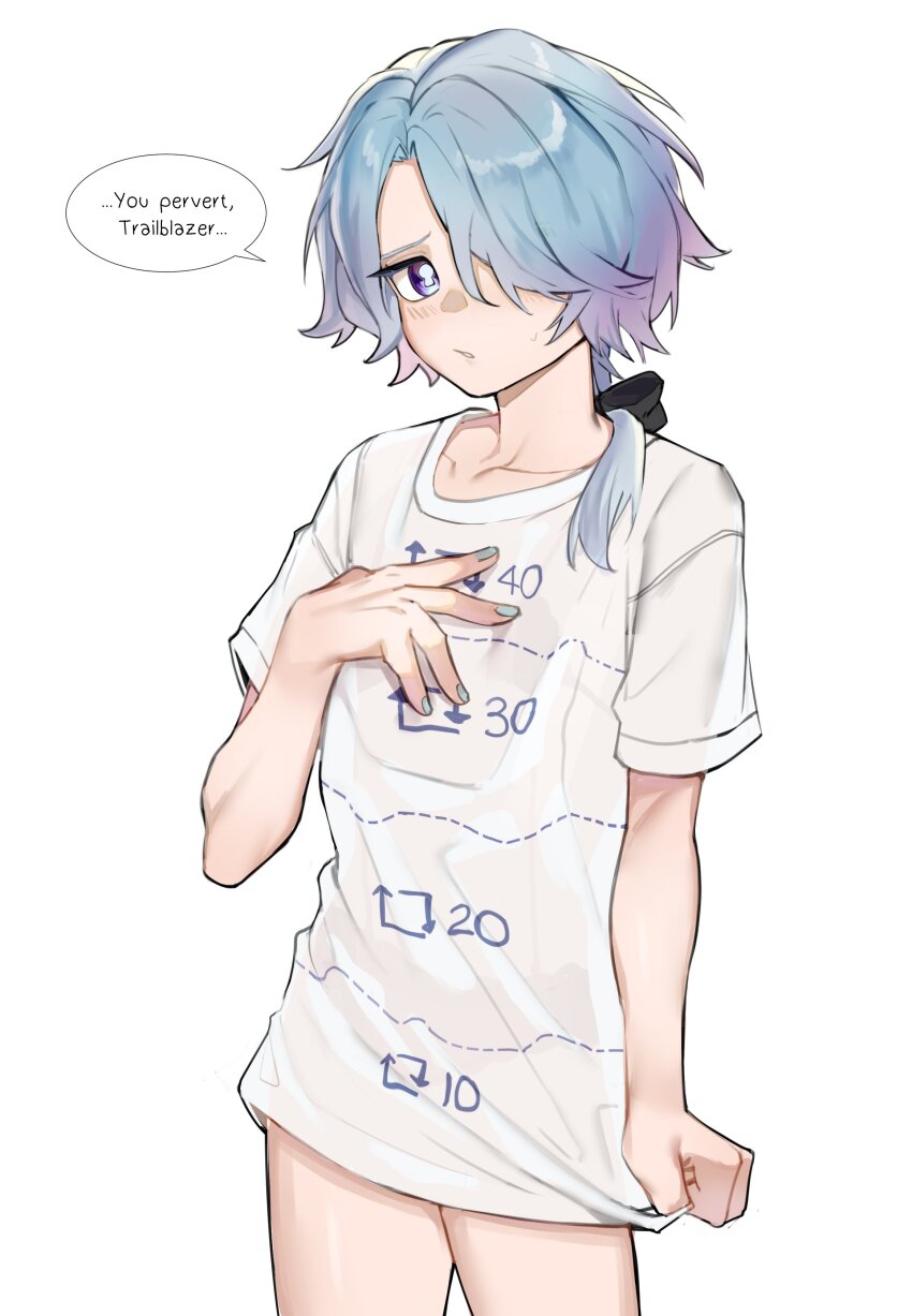 1boy absurdres bana_gameg bare_legs blue_hair english_text hair_ornament hair_over_one_eye highres honkai:_star_rail honkai_(series) long_hair looking_at_viewer low_ponytail male_focus misha_(honkai:_star_rail) multicolored_hair ponytail purple_eyes purple_hair shirt solo t-shirt translation_request twitter_cutting_game twitter_strip_game white_background white_shirt