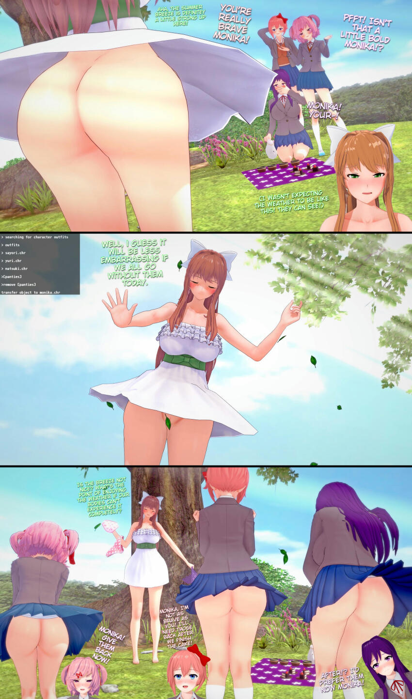 3d 4girls absurdres accidental_exposure angry angry_expression ass ass_focus bad_tag blush bottomless clothes_lift coding convenient_censoring crowd crowd_watching doki_doki_literature_club doki_doki_literature_club_school_uniform dress embarrassed embarrassed_naked_female english_text highres koikatsu_(medium) making_fun_of mocking monika_(doki_doki_literature_club) multiple_girls natsuki_(doki_doki_literature_club) nude outdoors outdoors_nudity outside_nudity picnic public_indecency public_nudity sayori_(doki_doki_literature_club) school_uniform siksaaaan skirt skirt_lift staring staring_down stolen_clothes sundress talking tricked upskirt wind windy_skirt yuri_(doki_doki_literature_club)