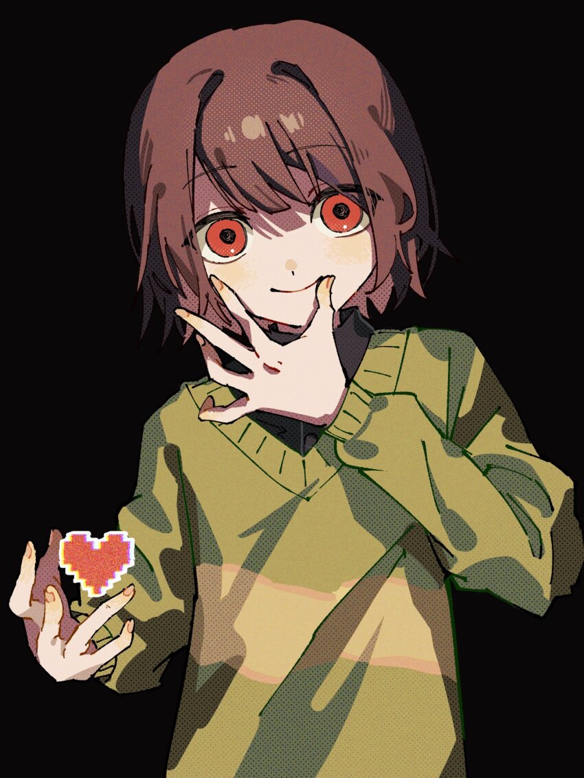 1other black_background brown_hair chara_(undertale) commentary green_sweater hand_on_own_face heart highres looking_at_viewer medium_hair red_eyes sashimisu simple_background smile solo straight-on striped_clothes striped_sweater sweater swept_bangs undertale upper_body