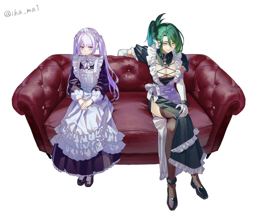 2girls absurdres adapted_costume apron black_collar black_dress black_shoes black_thighhighs blunt_bangs blush breasts cleavage_cutout closed_mouth clothing_cutout collar couch crossed_legs detached_collar dress earrings elbow_gloves expressionless eyelashes eyeshadow frills full_body genderswap genderswap_(mtf) gloves green_eyeshadow green_hair hair_between_eyes hanabatake_chaika hanabatake_chaika_(1st_costume) hand_on_own_knee hands_on_lap high_ponytail highres ihama jewelry large_breasts lize_helesta lize_helesta_(9th_costume) long_hair long_sleeves looking_at_viewer looking_to_the_side maid maid_apron maid_headdress makeup mary_janes medium_hair multiple_girls nijisanji on_couch parted_bangs pink_eyes pointy_ears ponytail puffy_long_sleeves puffy_short_sleeves puffy_sleeves purple_hair sanpaku shoes short_sleeves side_slit sidelocks sitting slit_pupils small_breasts thighhighs twintails twitter_username victorian_maid white_apron white_background white_gloves yellow_eyes