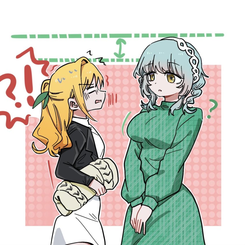 !? 2girls ? arrow_(symbol) black_jacket blank_eyes blonde_hair border braid breast_envy breasts brown_eyes casual confused cowboy_shot cropped_jacket dalidari27 dress female_focus green_dress green_hair green_ribbon hair_intakes hair_ribbon half_updo height_difference height_envy highres holding inda_karane jacket kimi_no_koto_ga_dai_dai_dai_dai_daisuki_na_100-nin_no_kanojo large_breasts leather leather_jacket long_hair long_sleeves looking_at_another low_twin_braids motion_lines multiple_girls nemui_nemu official_alternate_costume official_alternate_hairstyle open_mouth outside_border own_hands_together patterned_clothing pink_background polka_dot polka_dot_background rectangular_mouth ribbon short_dress sideways_mouth small_breasts surprised sweatdrop turtleneck turtleneck_dress twin_braids v-shaped_eyebrows wavy_hair white_border white_dress