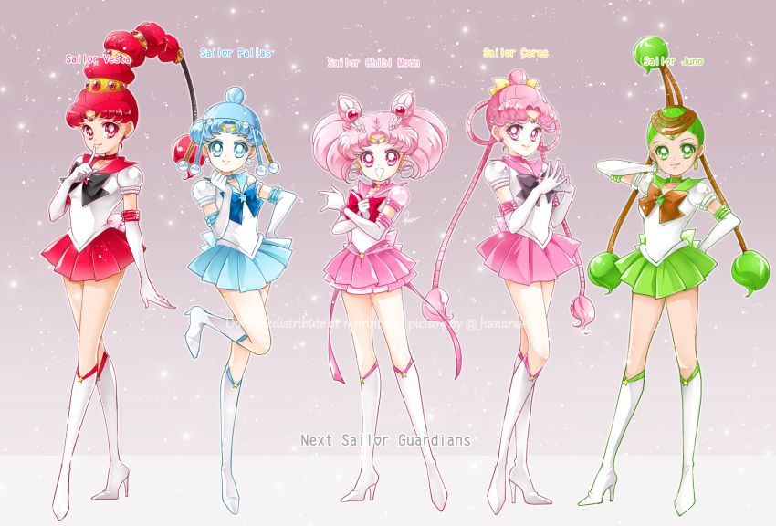 back_bow bishoujo_senshi_sailor_moon bishoujo_senshi_sailor_moon_stars black_bow black_bowtie blue_bow blue_bowtie blue_choker blue_eyes blue_footwear blue_sailor_collar blue_skirt boots bow bowtie brooch cerecere_(sailor_moon) chibi_usa choker circlet cone_hair_bun double_bun earrings elbow_gloves english_text forehead gem gloves green_choker green_eyes green_hair green_sailor_collar green_skirt hair_bun hair_ornament high_heel_boots high_heels highres impossible_hair jewelry junjun_(sailor_moon) miniskirt orange_bow orange_bowtie pallapalla_(sailor_moon) parted_bangs pink_boots pink_choker pink_eyes pink_hair pink_sailor_collar pink_skirt pleated_skirt puffy_short_sleeves puffy_sleeves red_bow red_bowtie red_choker red_eyes red_footwear red_gemstone red_hair red_sailor_collar sailor_ceres sailor_chibi_moon sailor_collar sailor_juno sailor_pallas sailor_vesta sarashina_kau shirt short_hair short_sleeves short_twintails skirt star_(symbol) star_choker stud_earrings twintails vesves_(sailor_moon) white_footwear white_gloves white_shirt