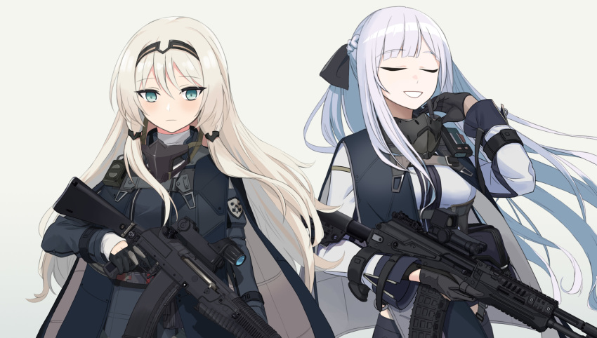 2girls ak-12 ak-12_(girls&#039;_frontline) an-94 an-94_(girls&#039;_frontline) assault_rifle black_gloves blonde_hair braid breasts dlarudgml21 closed_eyes french_braid girls&#039;_frontline gloves green_eyes gun highres holding holding_gun holding_weapon kalashnikov_rifle long_hair long_sleeves magazine_(weapon) mask mask_around_neck medium_breasts multiple_girls reflex_sight rifle scope sidelocks sight silver_hair tactical_clothes weapon