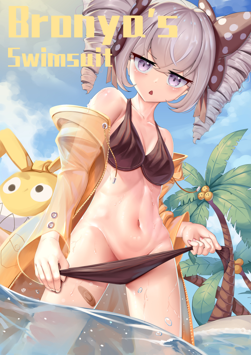 1girl absurdres bandaid beach bikini black_bikini blue_sky bow breasts bronya_zaychik cloud cloudy_sky coconut coconut_tree commentary commentary_typo drill_hair english_commentary english_text grey_eyes grey_hair hair_bow highres homu_(honkai_impact) honkai_(series) honkai_impact_3rd jacket long_sleeves looking_at_viewer navel open_clothes open_jacket open_mouth orange_jacket outdoors palm_tree polka_dot polka_dot_bow sand see-through_clothes see-through_jacket sky small_breasts solo stomach summer swimsuit tree twin_drills water wet xg_epee