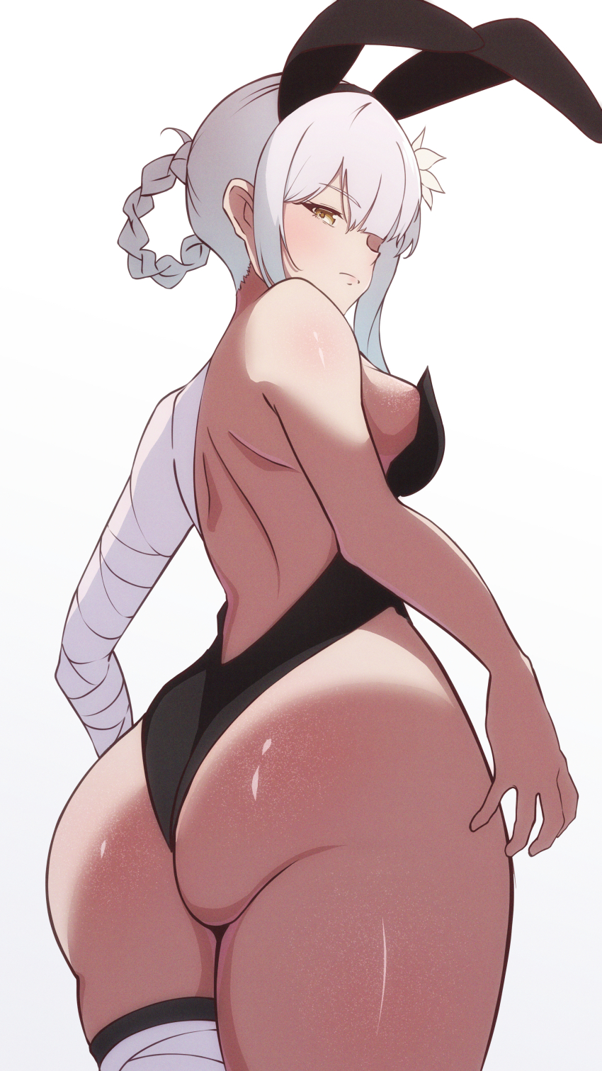 1girl absurdres animal_ears ass ass_focus back backless_leotard bandaged_arm bandaged_leg bandages black_leotard blush braid breasts closed_mouth curvy fake_animal_ears flower from_behind hair_flower hair_ornament highleg highleg_leotard highres kaine_(nier) kamitsune28rita leotard long_hair looking_at_viewer looking_back medium_breasts nier nier_(series) playboy_bunny rabbit_ears shiny_skin sideboob solo standing thick_thighs thighs white_background white_flower white_hair wide_hips yellow_eyes