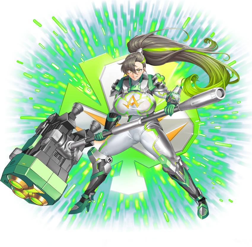 1girl arm_guards armor bodysuit boots breasts cameltoe clover clover_ace fighting_stance full_body game_cg gloves gluteal_fold green_background green_gloves green_hair grey_bodysuit grey_hair grin hair_between_eyes hair_ornament hammer high_heel_boots high_heels highres holding holding_hammer holding_weapon huge_breasts huge_weapon large_breasts last_origin legs_apart long_hair looking_at_viewer armored_boots monitor multicolored_hair obui official_art orange_eyes ponytail shoulder_armor smile solo streaked_hair transparent_background two-tone_hair weapon white_bodysuit