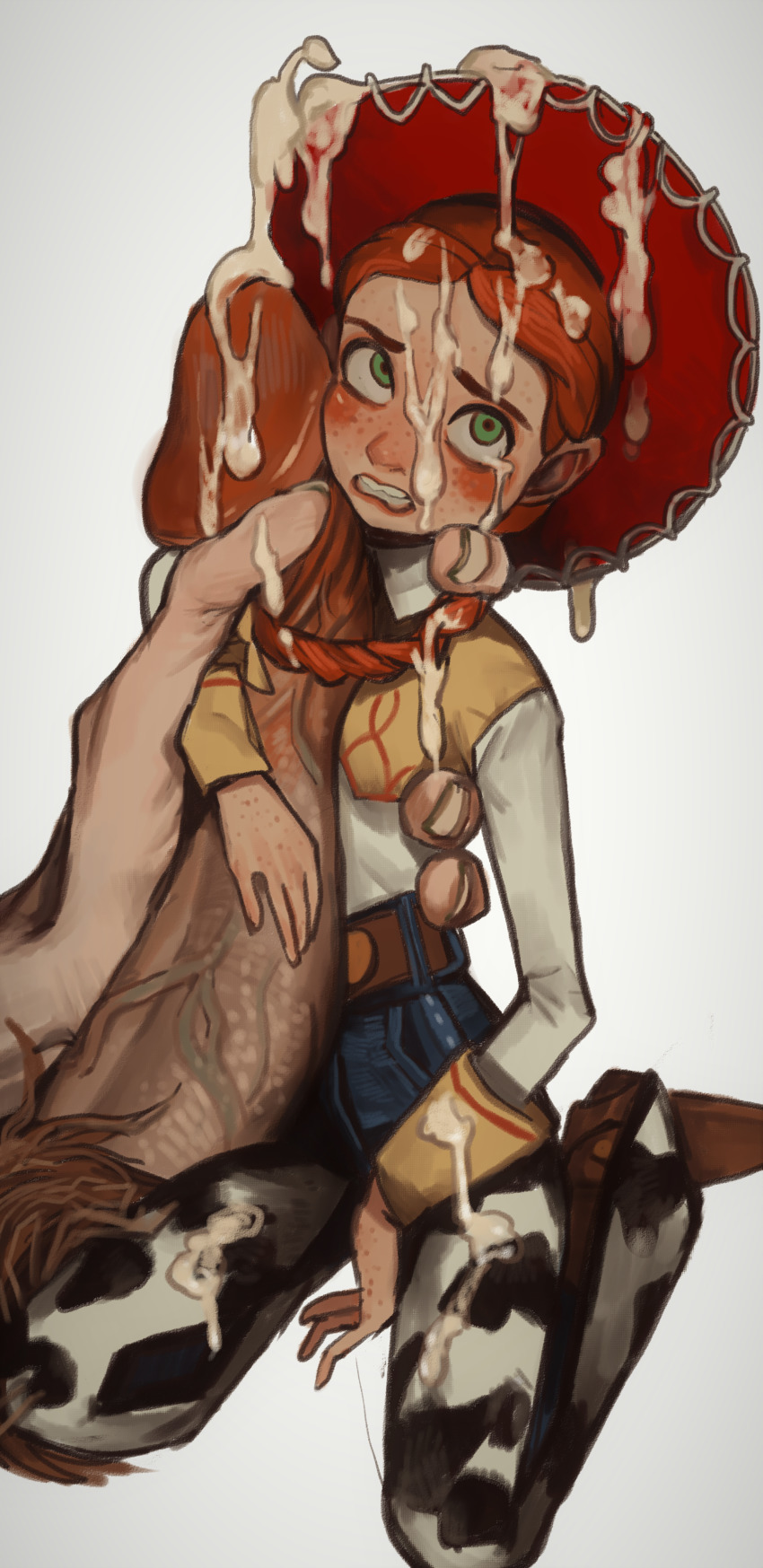 1boy 1girl absurdres artist_request blush braid breasts bukkake clenched_teeth cowboy_hat cowboy_western cum cum_on_body cum_on_clothes cum_on_hair denim doll facial flat_chest freckles green_eyes hat highres holding jessie_the_yodeling_cowgirl large_penis masturbation mini_person minigirl mossacannibalis penis red_hair sitting size_difference small_breasts tagme teeth toy_story twin_braids wariza
