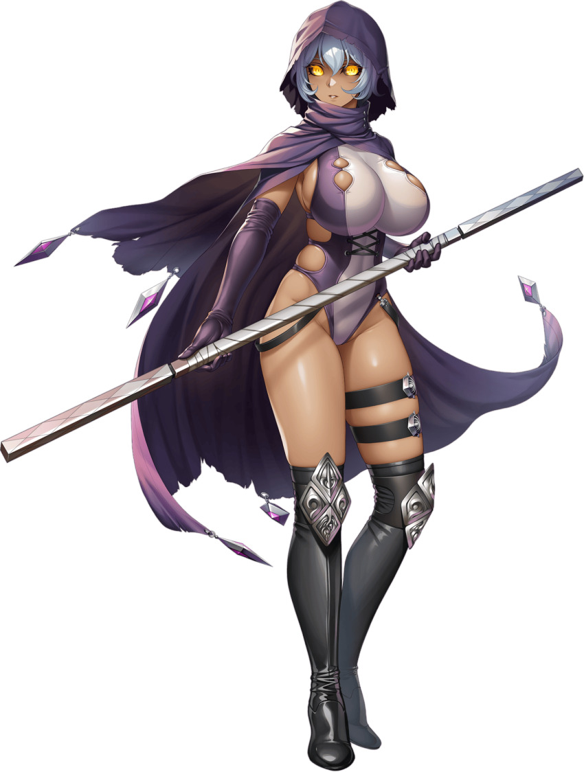 1girl aqua_hair bare_shoulders boots breasts cape cloak copyright_name covered_navel curvy dark_skin full_body gloves glowing glowing_eyes hair_ornament highleg highleg_leotard highres holding holding_weapon hood hooded_coat huge_breasts impossible_clothes impossible_leotard kurotani_kai leotard lilith-soft lips looking_at_viewer multicolored_leotard polearm rabidhowl revealing_clothes shiny_clothes shiny_skin simple_background solo taimanin_(series) taimanin_rpgx thong_leotard transparent_background two-tone_leotard weapon wide_hips yellow_eyes