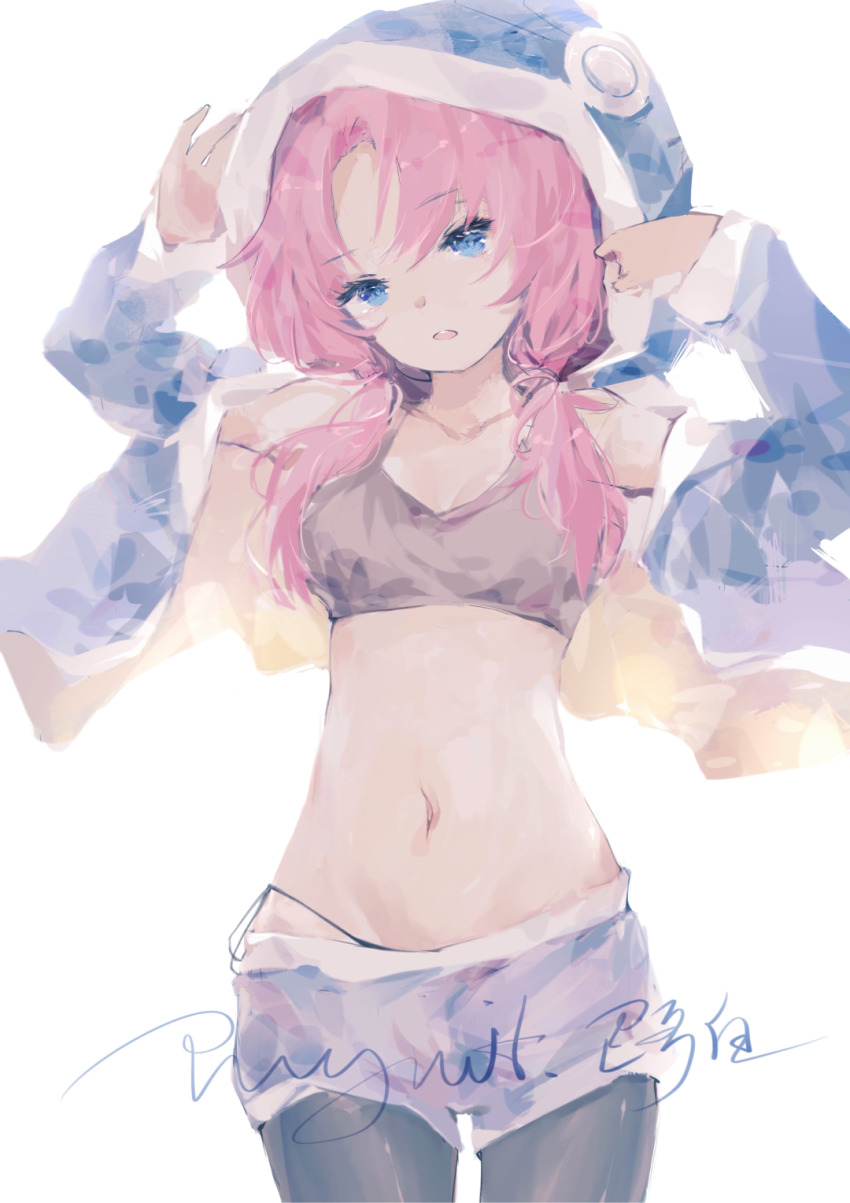 1girl alternate_costume arknights artist_name bikini bikini_under_clothes black_bikini black_legwear blue_hair blue_jacket blue_poison_(arknights) blue_shorts chinese_commentary commentary_request hands_up highres hood hood_up jacket looking_at_viewer navel open_clothes open_jacket open_mouth pants pants_under_shorts pink_hair pugwit shorts simple_background solo stomach swimsuit twintails white_background yoga_pants
