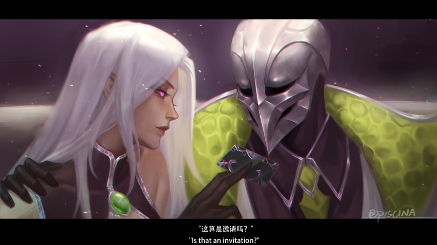 1boy 1girl absurdres bare_shoulders black_gloves card character_request debonair_zed english_text gloves gradient_background grey_hair hand_on_another&#039;s_shoulder highres holding holding_card league_of_legends letterboxed light_particles long_hair mask pink_eyes piscina syndra translation_request upper_body zed_(league_of_legends)
