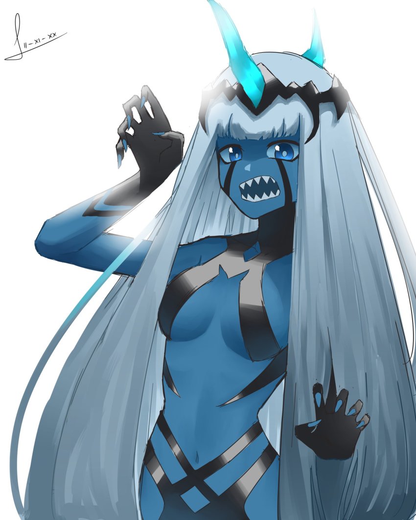 001_(darling_in_the_franxx) 1girl blue_eyes blue_nails blue_sclera blue_skin blunt_bangs breasts claw_pose colored_sclera colored_skin darling_in_the_franxx fingernails highres horns lixveb long_hair looking_at_viewer nail_polish navel open_mouth sharp_fingernails sharp_teeth single_horn small_breasts solo teeth underboob very_long_hair white_background
