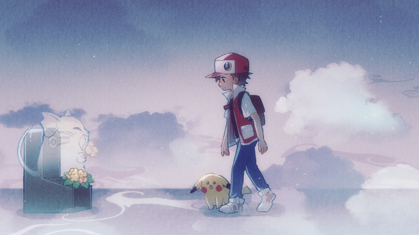 1boy backpack bag black_shirt blue_pants brown_bag commentary_request flower from_side gen_1_pokemon ghost grave hat jacket leaf looking_down maccha_pamocute male_focus nintendo open_clothes open_jacket pants pikachu pokemon pokemon_(creature) pokemon_rgby raticate red_(pokemon) red_hat shirt shoes short_hair standing white_shoes yellow_flower