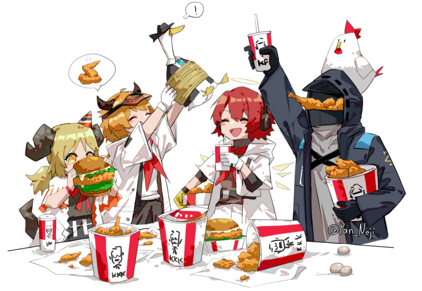 1other 3girls :d ambiguous_gender arknights arm_up asymmetrical_gloves bird blonde_hair bound bucket_of_chicken burger chicken chicken_(food) chicken_wing closed_eyes commentary_request croissant_(arknights) croissant_(seven_in_the_morning)_(arknights) cup demon_girl demon_horns detached_wings disposable_cup doctor_(arknights) drink drinking_straw duck_lord_(arknights) eating exusiai_(arknights) exusiai_(city_rider)_(arknights) food gloves halo hat headphones holding holding_burger holding_drink holding_food hood hood_up horns ifrit_(arknights) ifrit_(children&#039;s_party)_(arknights) kfc long_hair mismatched_gloves multiple_girls neckerchief nejikyuu official_alternate_costume open_mouth party_hat red_hair red_neckerchief simple_background smile spoken_food table tied_up_(nonsexual) twitter_username visor_cap white_background white_gloves wings yellow_gloves