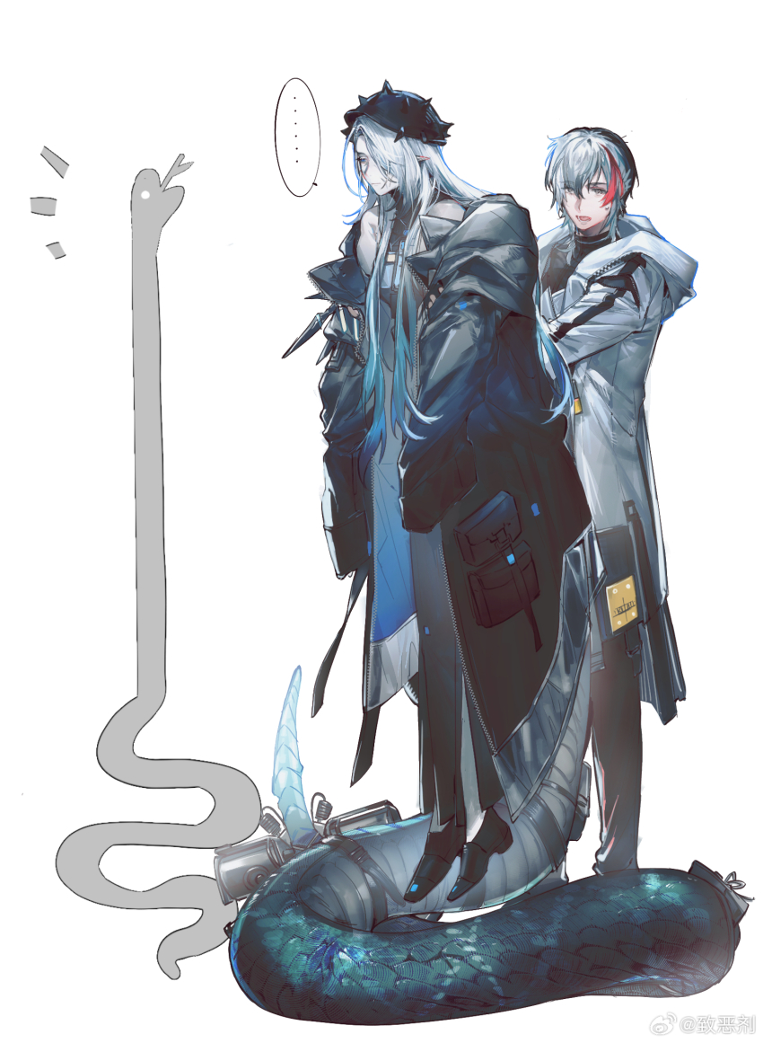 1boy 1girl arknights black_coat coat elysium_(arknights) highres lifting_person long_hair mantra_(arknights) multicolored_hair old old_woman skolly snake snake_girl snake_tail streaked_hair tail watermark weibo_watermark white_coat white_hair