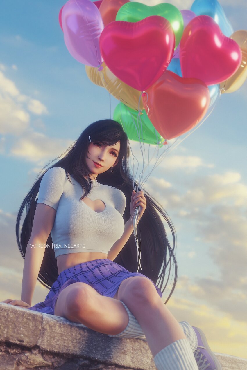 1girl 3d absurdres artist_name balloon black_hair blue_sky breasts casual cleavage_cutout closed_mouth clothing_cutout cloud cloudy_sky crop_top day earrings final_fantasy final_fantasy_vii final_fantasy_vii_remake hair_ornament hairclip heart_balloon highres holding holding_balloon jewelry large_breasts long_hair looking_at_viewer outdoors purple_footwear purple_skirt red_eyes red_lips ria-neearts shirt short_sleeves single_earring single_sidelock sitting skirt sky smile socks solo square_enix swept_bangs teardrop_earring tifa_lockhart watermark white_shirt white_socks
