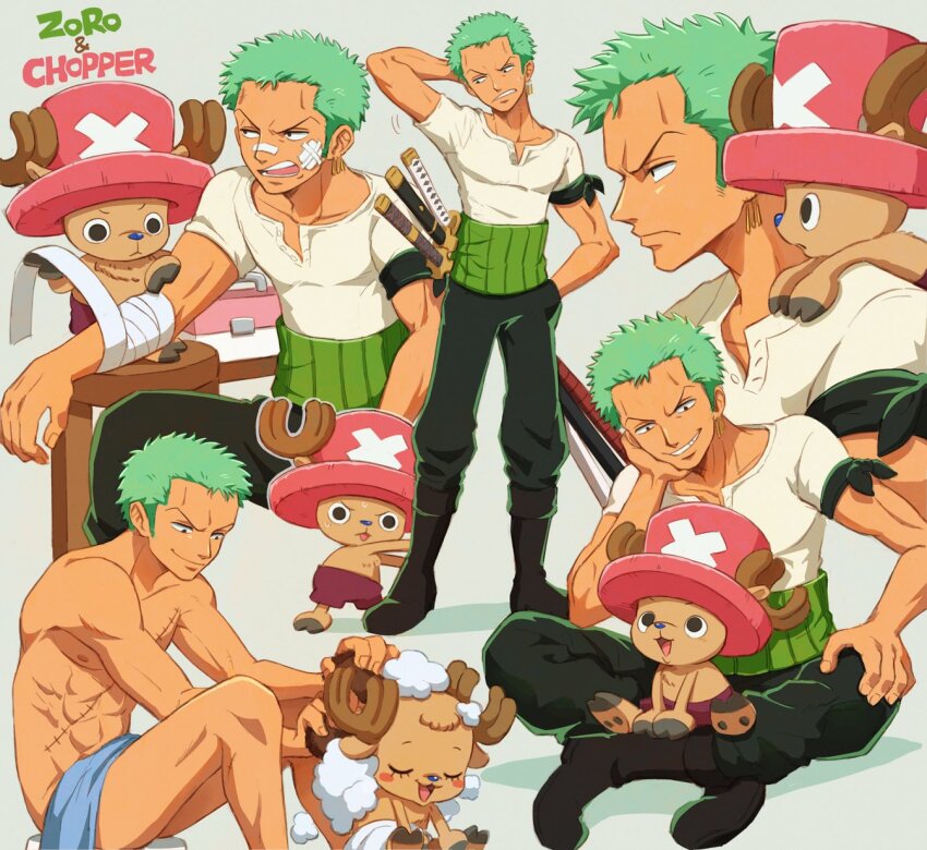 2boys abs antlers antlers_through_headwear bandaged_arm bandages bandaid bandaid_on_cheek bandaid_on_face bandaid_on_nose bandana bandana_around_arm black_bandana black_boots black_pants blue_nose boots brown_fur character_name commentary_request earrings elbow_rest from_side full_body green_eyes green_hair hand_in_pocket haramaki hat highres horns indian_style jewelry katana looking_at_another male_focus multiple_boys multiple_swords multiple_views nude oekakiboya on_shoulder one_piece pants pink_hat profile reindeer_antlers reindeer_boy roronoa_zoro scar scar_on_chest sheath sheathed shirt short_hair sitting soap_bubbles standing sword toned toned_male tony_tony_chopper towel upper_body washing_another weapon white_shirt