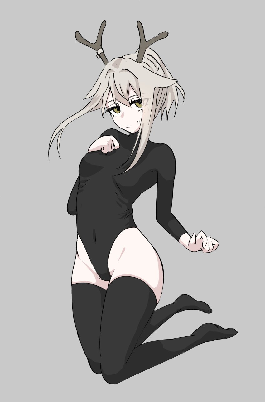 1girl absurdres alternate_costume antlers arknights barefoot black_leotard black_thighhighs breasts covered_navel deer_antlers firewatch_(arknights) full_body grey_background grey_hair gyunyuoino_me heattech_leotard highleg highleg_leotard highres horns jitome leotard looking_at_viewer simple_background sleeved_leotard small_breasts solo thighhighs turtleneck
