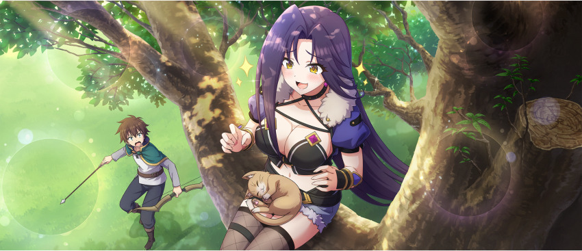 1boy 1girl :3 animal animal_on_lap arm_guards arrow_(projectile) asymmetrical_sidelocks belt black_hair black_pants black_thighhighs blush boots bow_(weapon) breasts brown_belt brown_boots brown_cat brown_hair cape cat cat_on_lap choppy_bangs cleavage collarbone crop_top dappled_sunlight day denim denim_shorts earrings fishnet_thighhighs fishnets from_above game_cg green_cape green_eyes highres holding holding_arrow holding_bow_(weapon) holding_weapon in_tree jewelry kono_subarashii_sekai_ni_shukufuku_wo! konosuba!_fantastic_days large_breasts light_rays long_hair long_sleeves looking_at_animal looking_at_another looking_up melissa_(konosuba) midriff navel official_art on_lap open_mouth outdoors pants parted_bangs satou_kazuma shade shirt short_hair short_shorts shorts sidelocks single_earring sitting sitting_in_tree sleeping sleeping_animal sleeping_on_person smile sparkle standing sunbeam sunlight thighhighs tree weapon white_shirt yellow_eyes zettai_ryouiki