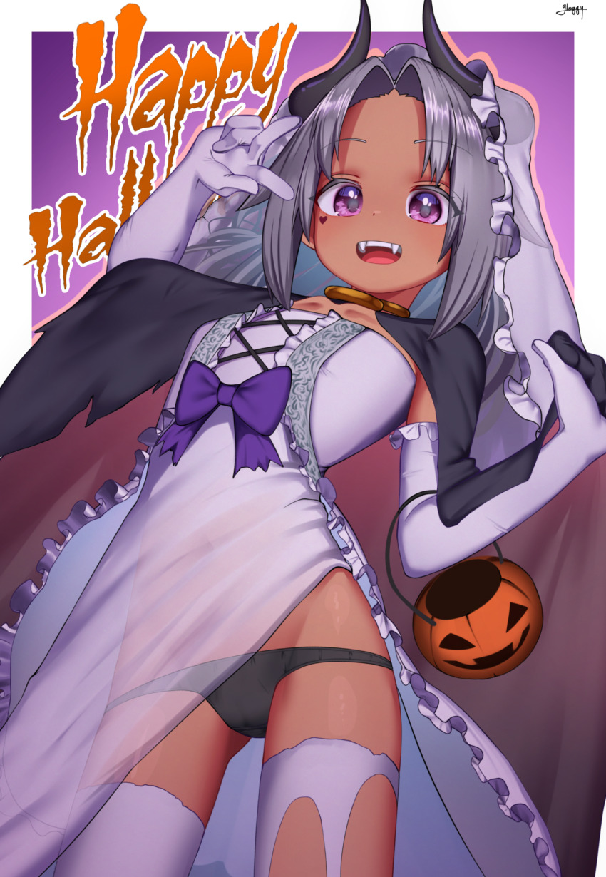 1girl black_panties cloak commentary_request dark-skinned_female dark_skin dress elbow_gloves fangs flat_chest gloggy gloves grey_hair halloween halloween_costume happy_halloween highres horns kikyou_(gloggy) long_hair looking_at_viewer original panties smile solo thighhighs underwear v