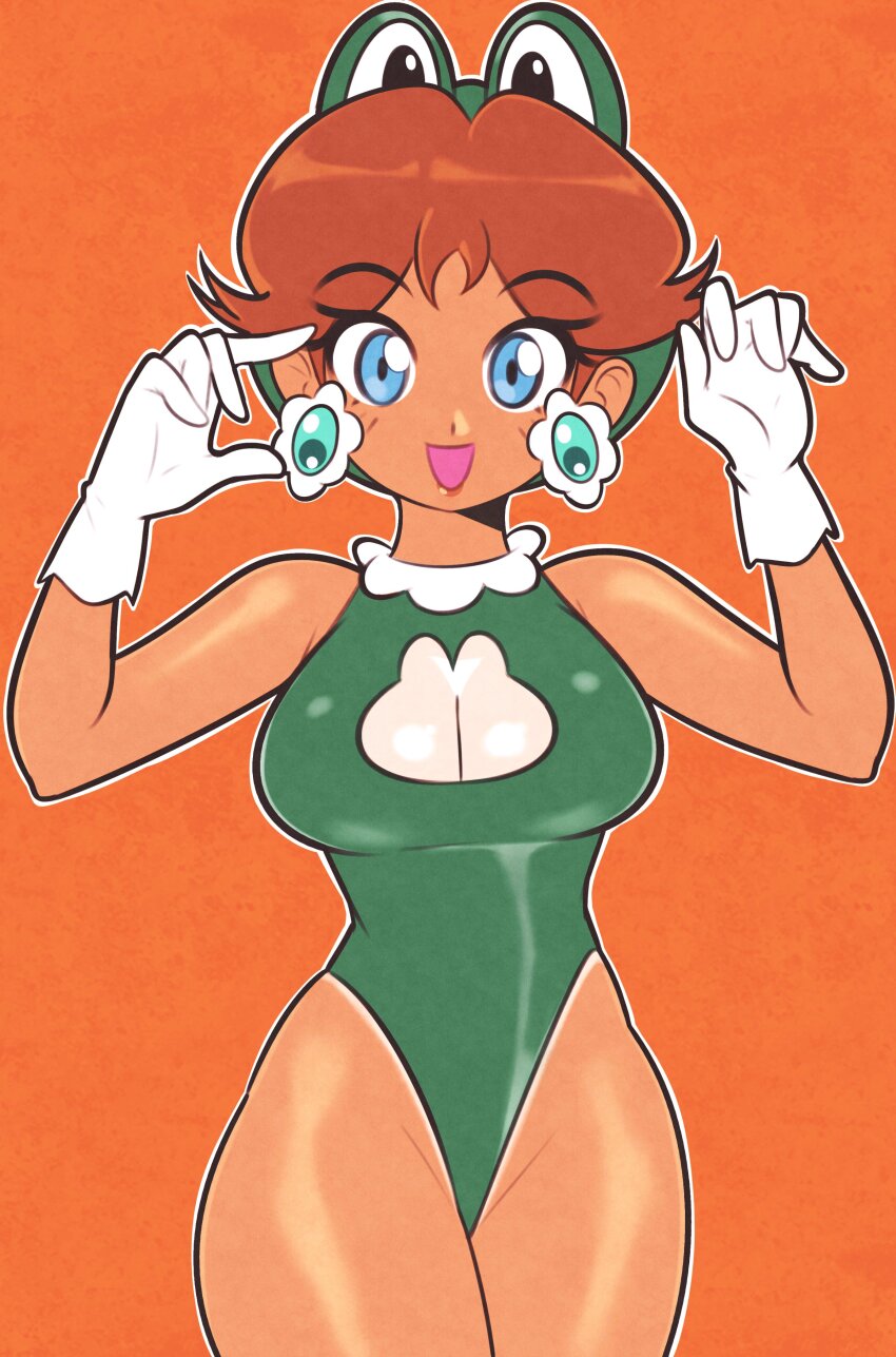 1girl absurdres blue_eyes breasts brown_hair dark-skinned_female dark_skin earrings flipped_hair flower_earrings frog_suit_(mario) gloves green_leotard highres jeff_miga jewelry leotard looking_at_viewer mario_(series) nintendo open_mouth princess_daisy solo super_mario_bros._3 super_mario_land white_gloves