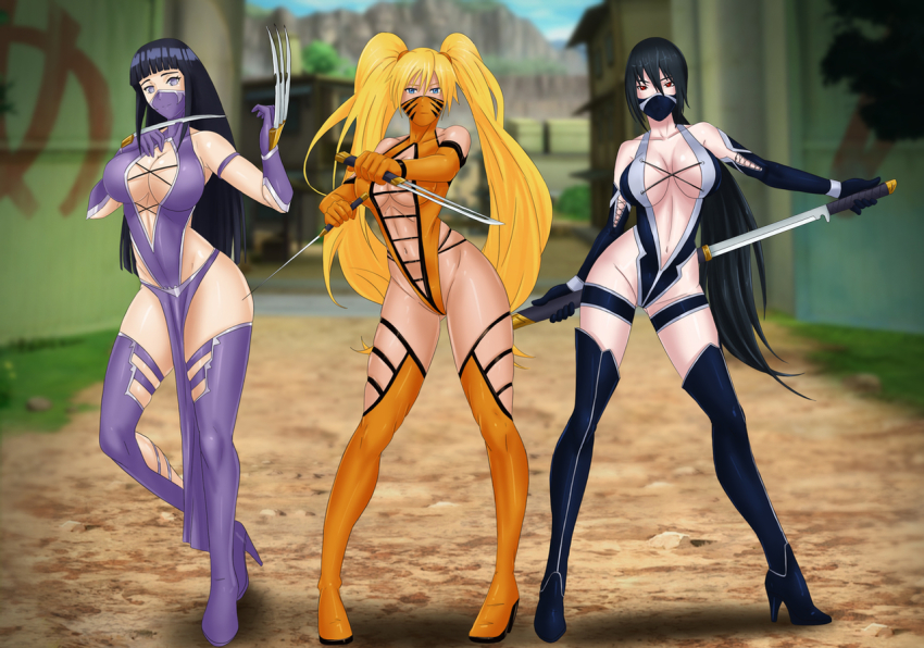 3girls amenoosa black_eyes black_hair blonde_hair blue_eyes blue_legwear boots breasts byakugan chokutou claw_(weapon) cleavage clothing_aside cosplay dual_wielding elbow_gloves erune facial_mark fingerless_gloves genderswap genderswap_(mtf) gloves green_footwear high_heel_boots high_heels holding holding_sword holding_weapon hyuuga_hinata jade_(mortal_kombat) jade_(mortal_kombat)_(cosplay) jewelry katana kitana kitana_(cosplay) kodachi large_breasts leotard leotard_aside long_hair looking_at_viewer mask mileena_(cosplay) mileena_(mortal_kombat) mortal_kombat_(series) mortal_kombat_9 mouth_mask multiple_girls naruko_(naruto) naruto naruto_(series) naruto_shippuuden navel ninja purple_eyes sasuko sexy_no_jutsu short_sword sword thigh_boots thighhighs twintails uchiha_sasuke uzumaki_naruto very_long_hair wakizashi weapon whisker_markings white_eyes