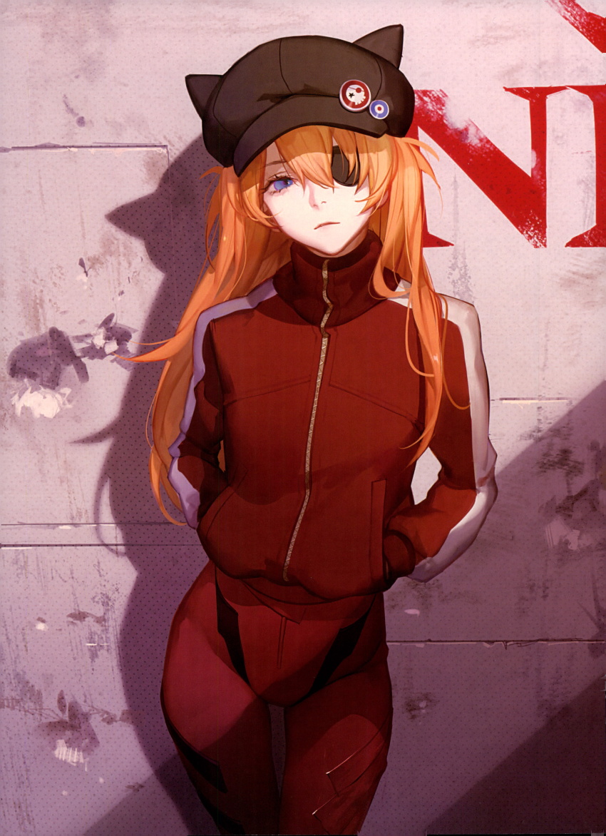 1girl absurdres ask_(askzy) baseball_cap blue_eyes closed_mouth hat highres jacket long_hair neon_genesis_evangelion orange_hair red_jacket standing