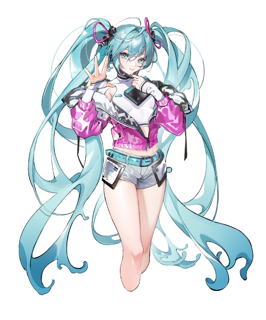 1girl absurdly_long_hair ahoge aqua_belt aqua_eyes aqua_hair aqua_nails borrowed_design breasts breasts_apart chinese_commentary commentary_request crop_top cropped_legs feet_out_of_frame hair_between_eyes hatsune_miku headphones headset highres jacket long_hair long_sleeves looking_at_viewer lushi_jin_up medium_breasts messy_hair midriff open_hand pink_jacket short_shorts shorts simple_background small_breasts smile solo solwa twintails very_long_hair vocaloid waving white_background