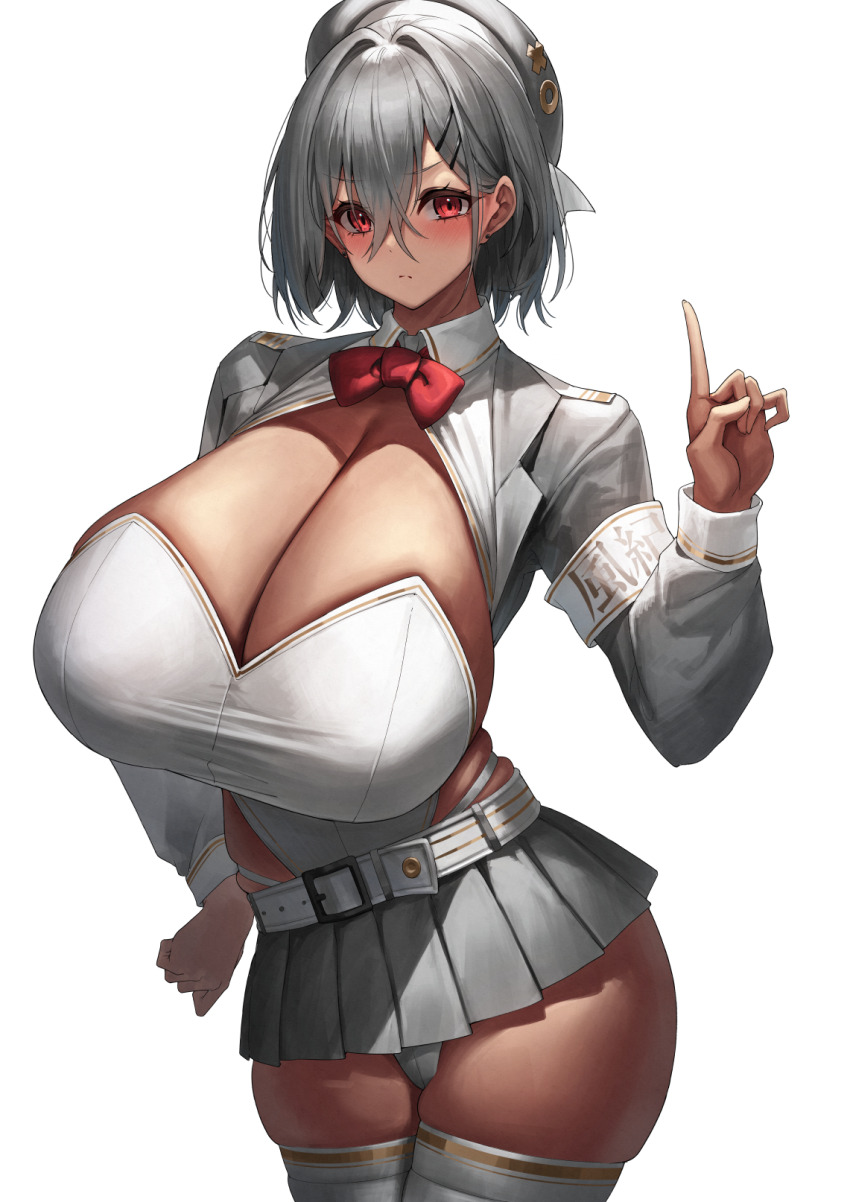 1girl armband belt beret blush bow bowtie breasts brown_girl_(yamanokami_eaka) cleavage grey_hair grey_hat grey_jacket grey_skirt hair_between_eyes hat highres huge_breasts index_finger_raised jacket leotard long_sleeves looking_at_viewer miniskirt original pleated_skirt red_eyes short_hair skirt solo thighhighs white_leotard white_thighhighs yamanokami_eaka