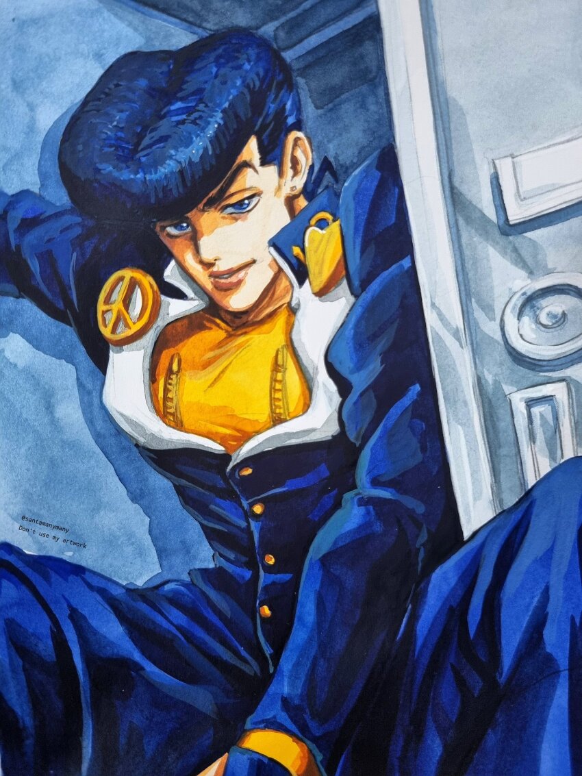 1boy blue_coat blue_eyes blue_hair blue_pants brooch coat diamond_wa_kudakenai door earrings gakuran hashtag-only_commentary heart heart_brooch higashikata_josuke high_collar highres jewelry jojo_no_kimyou_na_bouken long_sleeves male_focus pants peace_symbol pompadour santamanymany school_uniform shirt smile solo stud_earrings what yellow_shirt zipper