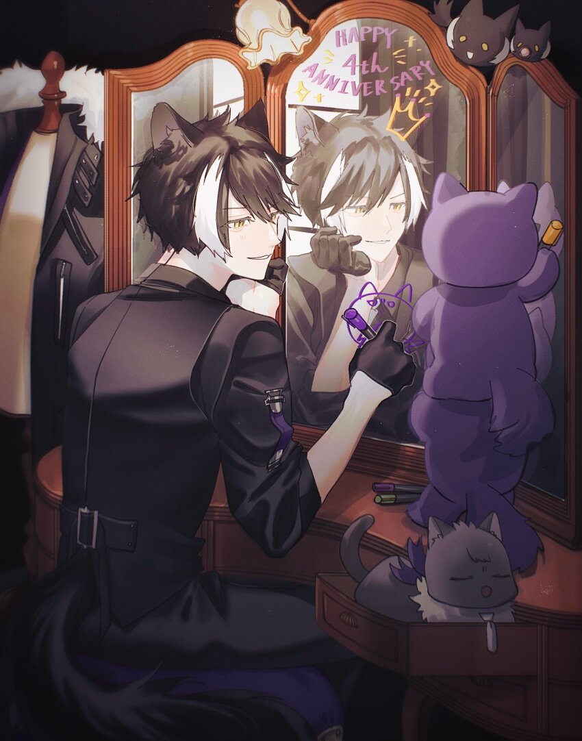 1boy animal_ears anniversary black_background black_gloves black_hair black_pants black_shirt black_vest bukatachi_(kageyama_shien) carrying cat character_signature coat drawer drawing_(action) drawn_crown feet_out_of_frame glass_writing gloves hair_between_eyes half_gloves head_rest highres holding holding_marker holostars jackal_boy jackal_ears jackal_tail kageyama_shien kageyama_shien_(1st_costume) koyama_(kageyama_shien) lamp looking_at_another looking_to_the_side male_focus mannequin marker mirror momiage_40 multicolored_hair nakayama_(kageyama_shien) necktie nekoyama_shien open_drawer pants parted_lips rearing shirt short_hair shoulder_carry signing sitting sleeves_rolled_up smile stool table tail two-tone_hair unworn_coat vanity_table vest virtual_youtuber white_hair white_necktie yellow_eyes