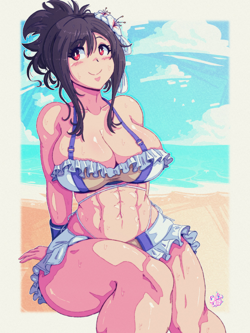 1girl abs artbenbeau bare_legs beach benbeau bikini bikini_skirt black_hair breasts cleavage final_fantasy final_fantasy_vii final_fantasy_vii_rebirth final_fantasy_vii_remake flower frilled_bikini frills hair_flower hair_ornament highres large_breasts muscular muscular_female navel ocean official_alternate_costume official_alternate_hairstyle red_eyes sitting smile solo stomach sweat swimsuit thighs tifa_lockhart tifa_lockhart_(shining_spirit)