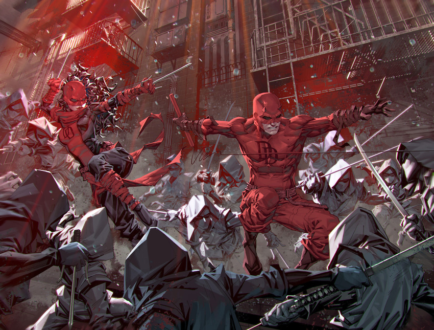 1girl 6+boys battle black_bodysuit black_hair bodysuit breasts comic_cover commentary cover_image daredevil dougi elektra_natchios english_commentary fighting fire_escape highres holding holding_sword holding_weapon hood hood_up kael_ngu marvel mask matt_murdock medium_breasts multiple_boys ninja official_art parted_lips red_bodysuit red_lips sai_(weapon) signature superhero_costume sword weapon western_comics_(style)