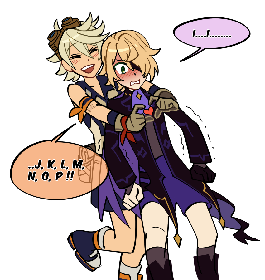 1boy 1girl @_@ absurdres adapted_costume arm_scarf behind_another bennett_(genshin_impact) blonde_hair blush boots cutbu&#039;s_alphabet_comic_(meme) eyepatch facing_another fischl_(genshin_impact) foot_up genderswap genderswap_(ftm) genderswap_(mtf) genshin_impact gloves goggles goggles_on_head green_eyes grey_hair hair_between_eyes heart heart_hands highres jacket long_sleeves looking_ahead meme nervous nose_blush one_eye_covered open_clothes open_jacket rockboi4u scar scar_on_arm shoes short_hair shorts simple_background single_glove smile standing standing_on_one_leg stutter trembling v-shaped_eyebrows vest