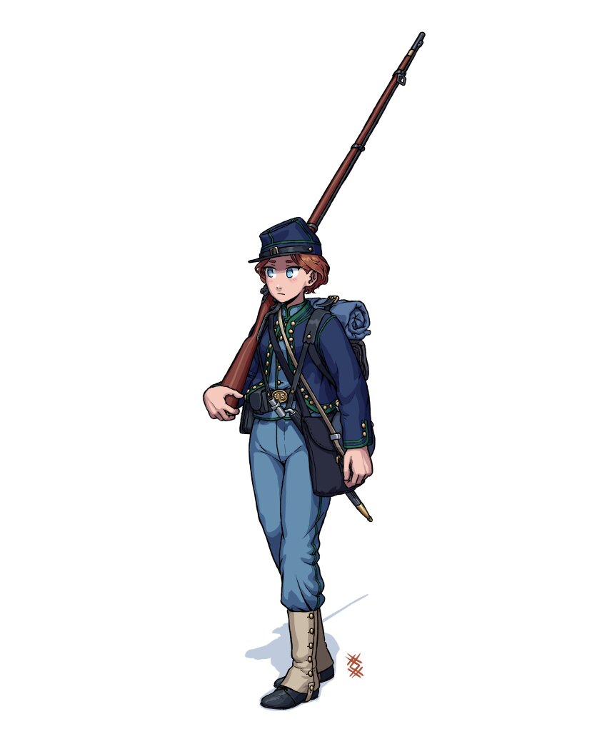 1girl absurdres american_civil_war antique_firearm army bag bayonet bedroll belt belt_buckle black_boots blue_eyes blue_hat blue_jacket blue_pants boots brown_hair buckle buttons commentary firearm firelock flintlock full_body gaiters green_trim gun hat highres holding holding_gun holding_weapon jacket kepi line_infantry load_bearing_equipment long_sleeves military military_hat military_uniform musket original ostwindprojekt pants pouch shadow sheath sheathed short_hair shoulder_bag simple_background soldier solo united_states_army weapon white_background