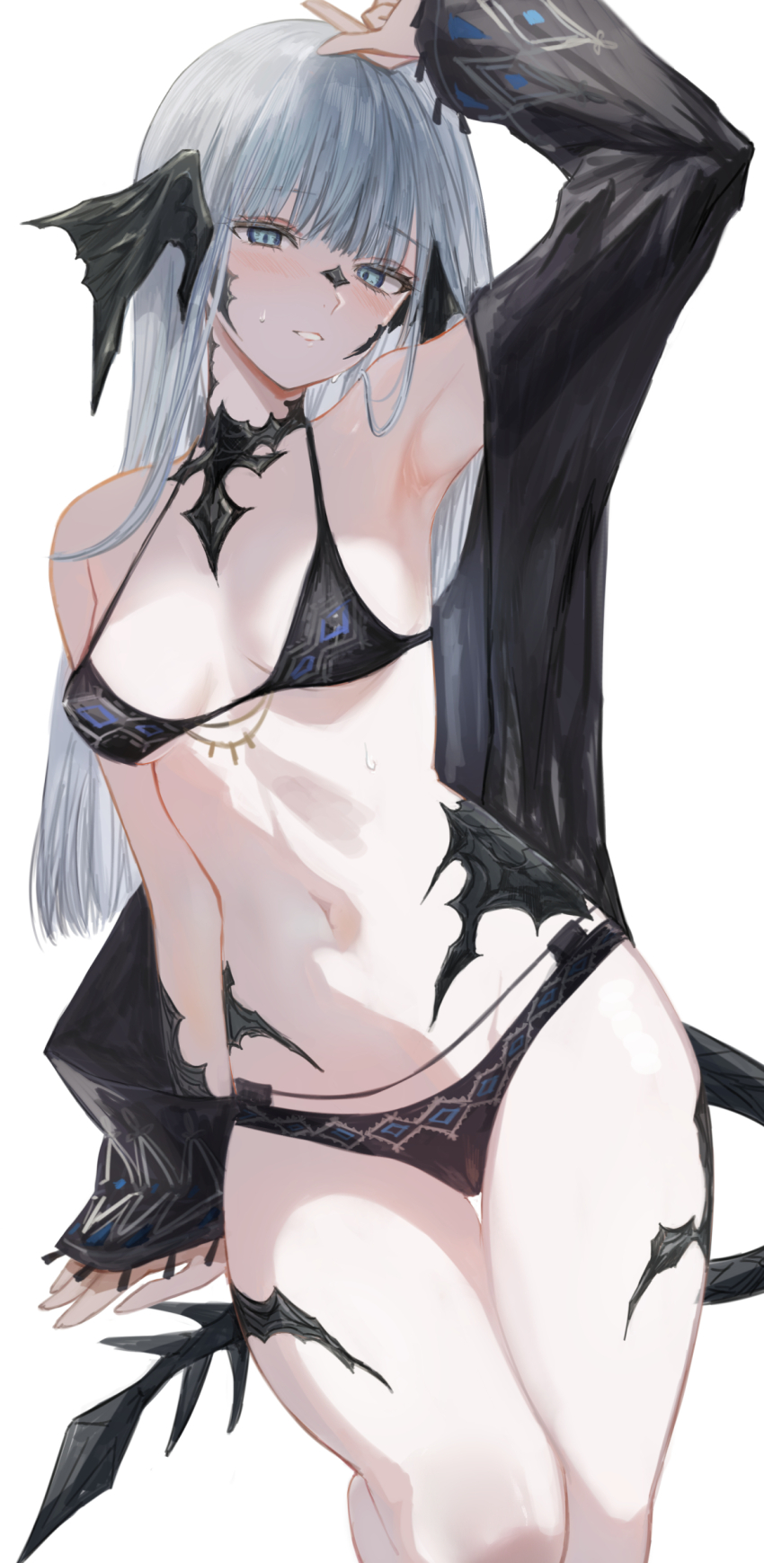 1girl absurdres aqua_eyes arm_up armpits au_ra bikini black_bikini black_jacket black_scales blush breasts commentary cowboy_shot dragon_horns dragon_tail final_fantasy final_fantasy_xiv grey_hair highres horns jacket knee_up long_hair looking_at_viewer maho_moco navel open_clothes open_jacket parted_lips simple_background small_breasts solo straight_hair sweat swimsuit symbol-only_commentary tail thigh_gap warrior_of_light_(ff14) white_background