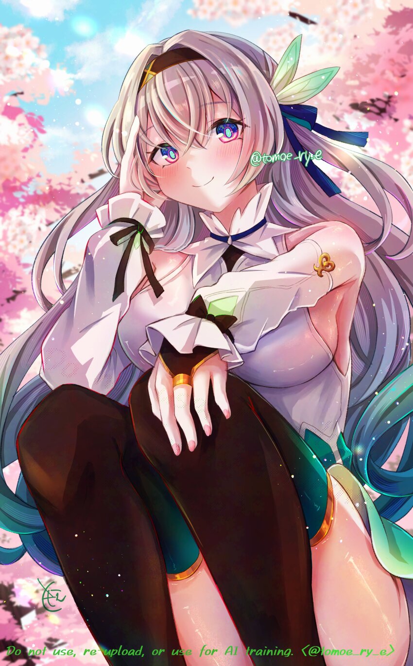 1girl absurdres aqua_dress aqua_shirt aqua_thighhighs black_hairband black_thighhighs blush bridal_gauntlets cherry_blossoms closed_mouth collar collared_dress detached_sleeves dress firefly_(honkai:_star_rail) frilled_shirt_collar frilled_sleeves frills gradient_hair green_pupils grey_hair hair_between_eyes hair_intakes hair_ornament hair_ribbon hairband hand_in_own_hair hand_on_own_knee highres honkai:_star_rail honkai_(series) long_sleeves multicolored_eyes multicolored_hair multicolored_thighhighs ribbon ribbon-trimmed_sleeves ribbon_trim shirt single_bridal_gauntlet sitting smile thighhighs tomoe_(pixiv_53856103) tree twitter_username two-tone_eyes white_collar white_sleeves