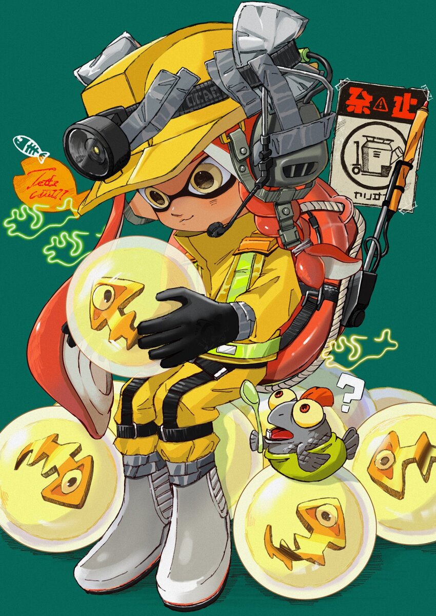 1girl ? aqua_background black_gloves boots braid closed_mouth commentary_request duct_tape full_body gloves golden_egg_(splatoon) grey_boots headlamp headset helmet high-visibility_clothing high-visibility_vest highres holding inkling inkling_girl inkling_player_character jumpsuit lifebuoy long_hair long_sleeves mining_helmet nintendo red_hair rubber_boots rubber_gloves salmon_run_(splatoon) salmonid single_braid sitting smallfry_(splatoon) smile solo splatoon_(series) splatoon_3 swim_ring tentacle_hair upsidedown510 yellow_eyes yellow_helmet yellow_jumpsuit