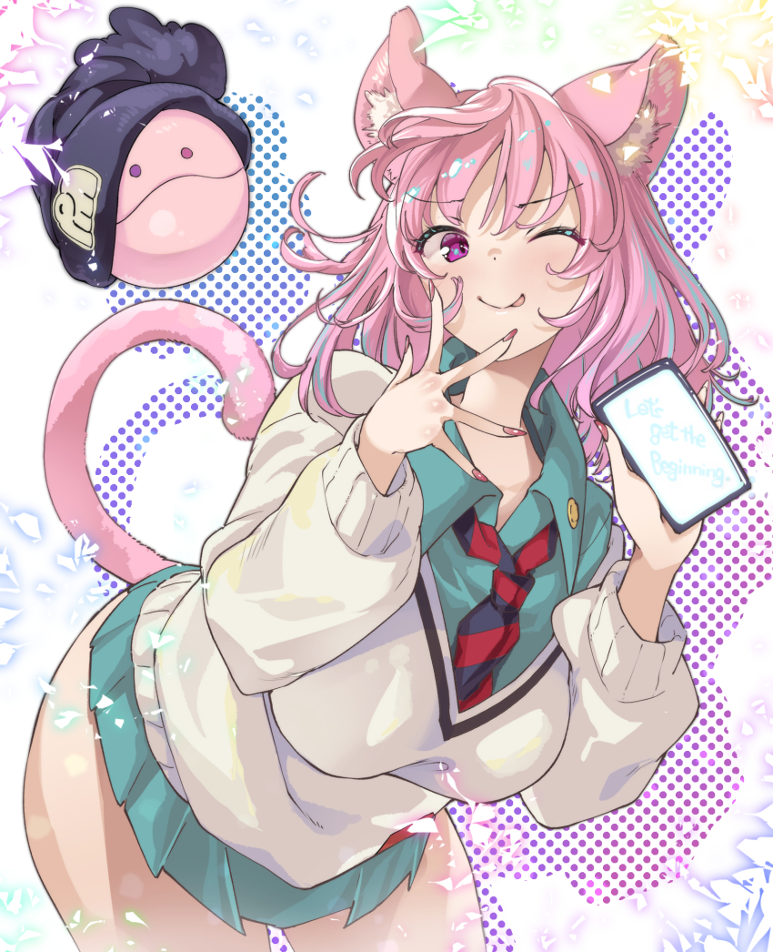 1girl amate_yuzuriha amate_yuzuriha_(cosplay) animal_ears aqua_shirt aqua_skirt black_necktie blush breasts cardigan cat_ears cat_girl cat_tail closed_mouth cosplay fingernails gundam gundam_gquuuuuux haro highres holding holding_phone huge_breasts indie_virtual_youtuber long_sleeves medium_hair nail_polish necktie phone pink_eyes pink_hair pink_nails red_necktie shirt skirt smile tail tenshouin_himeno thighs thomasz virtual_youtuber white_cardigan