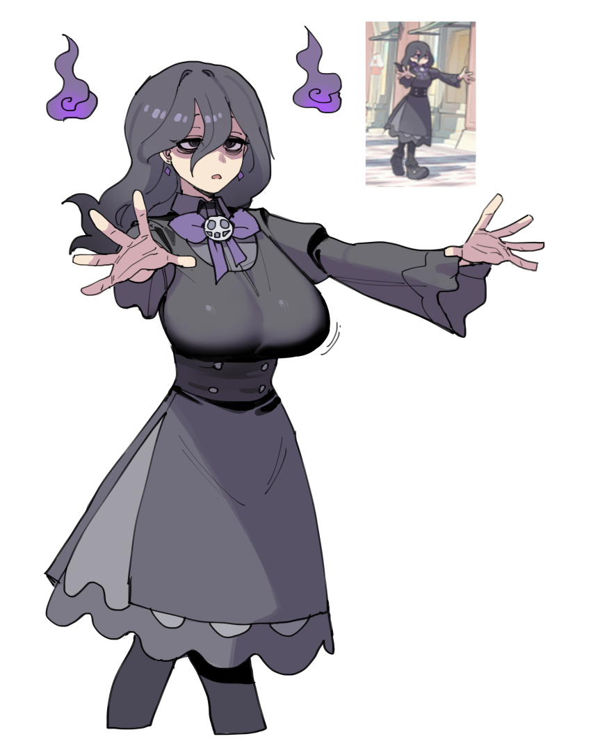 1girl absurdres alternate_breast_size bags_under_eyes breasts dress hair_between_eyes hex_maniac_(pokemon) hex_maniac_(pokemon_legends:_z-a) highres long_hair looking_at_viewer nintendo official_art_inset open_mouth pantyhose photo_inset pokemon pokemon_legends:_z-a ratatatat74 reference_inset revision simple_background white_background