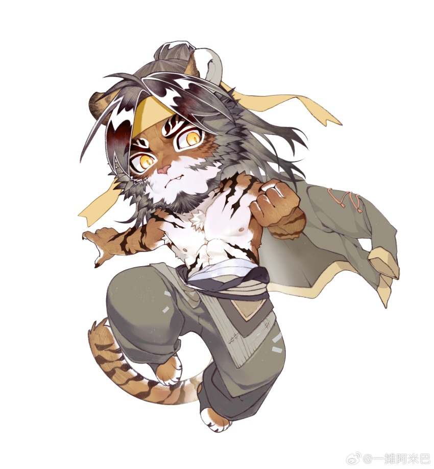 1boy abs animal_ears arknights chibi chinese_commentary claws closed_mouth commentary_request fang fang_out furry furry_male grey_pants headband highres huai_tianpei_(arknights) male_focus muscular muscular_male nipples pants pectorals shirt tail tiger_boy tiger_ears tiger_tail topless_male unworn_shirt watermark weibo_watermark white_background yellow_headband yi_tan_a_mi_ba
