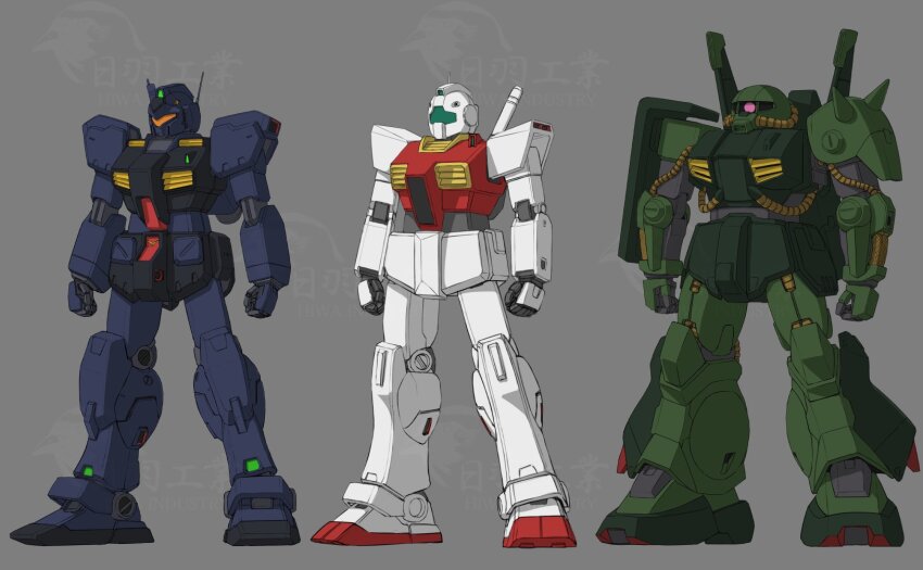 arms_at_sides assault_visor clenched_hands commentary_request full_body gm_ii gm_quel green_visor grey_background gundam highres hiwa_industry hizack mecha mecha_focus mobile_suit no_humans one-eyed orange_visor radio_antenna red_eyes robot science_fiction shoulder_spikes simple_background spikes standing watermark zeta_gundam