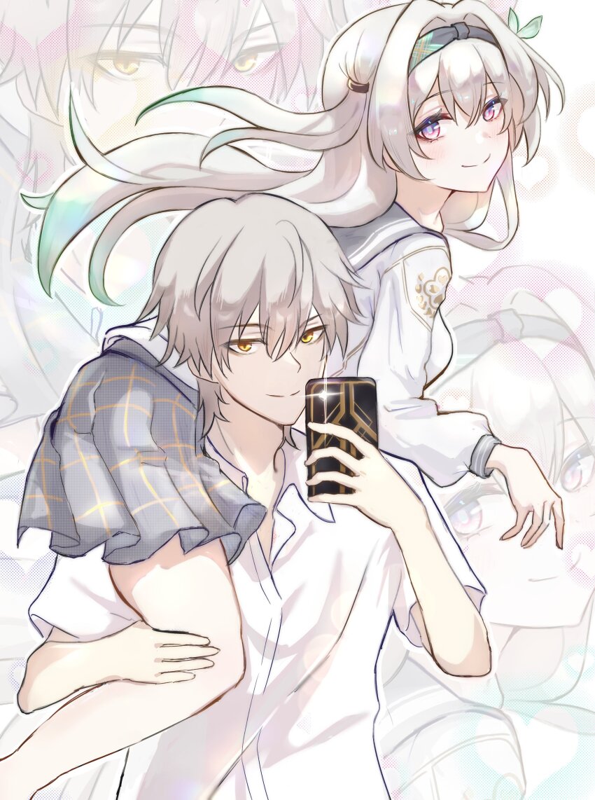 1boy 1girl absurdres ajft52o4jw30403 black_hairband blush caelus_(honkai:_star_rail) carrying carrying_person cellphone closed_mouth collared_shirt firefly_(honkai:_star_rail) firefly_(spring_missive)_(honkai:_star_rail) gradient_eyes gradient_hair green_pupils grey_hair grey_sailor_collar hair_between_eyes hair_intakes hair_ornament hairband highres holding holding_phone honkai:_star_rail honkai_(series) long_hair multicolored_eyes multicolored_hair phone sailor_collar shirt smartphone smile taking_picture trailblazer_(honkai:_star_rail) white_shirt yellow_eyes