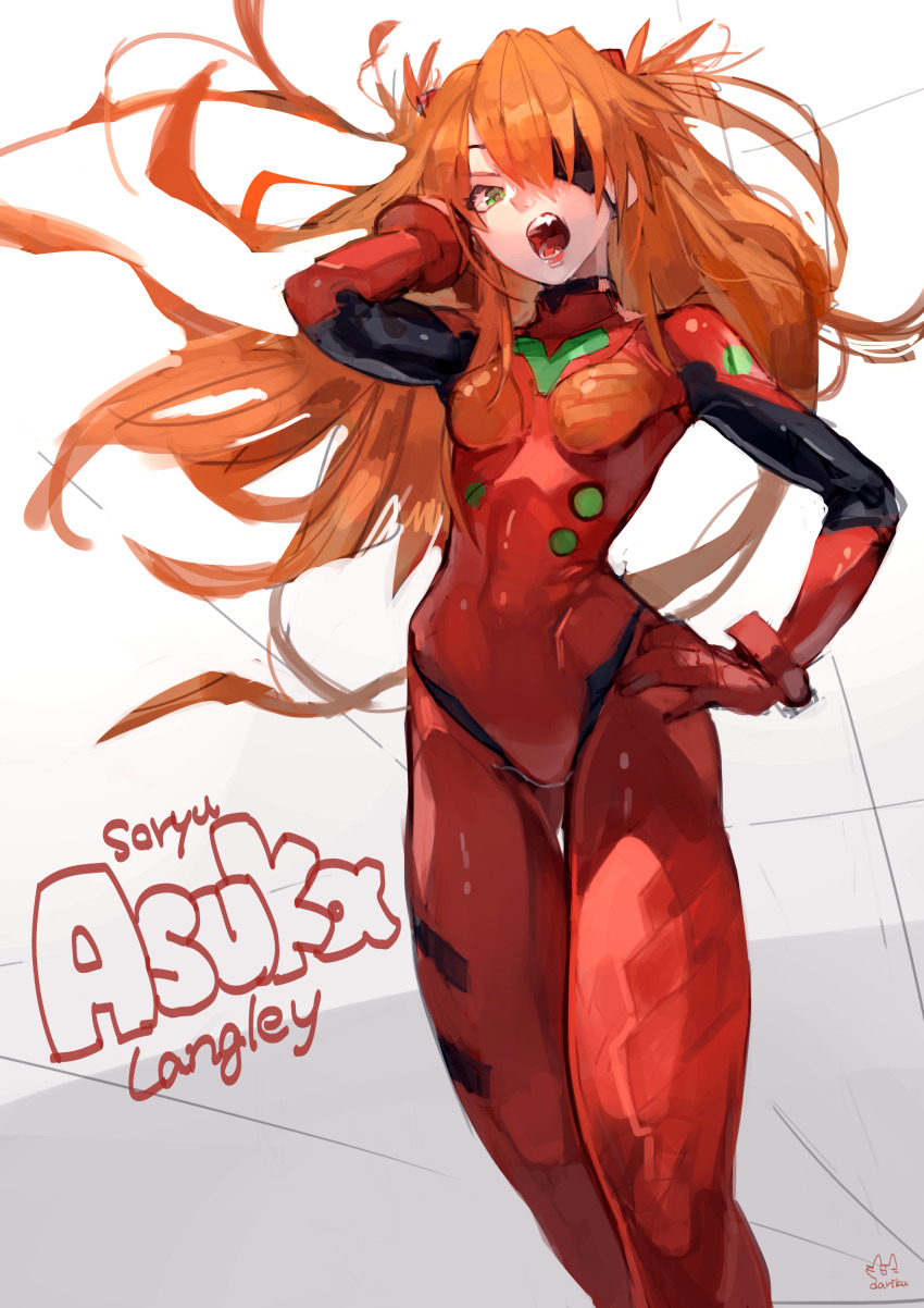 1girl absurdres bodysuit brown_hair evangelion:_3.0_you_can_(not)_redo floating_hair hand_on_own_hip highres long_hair mecha_pilot_suit neon_genesis_evangelion plugsuit_(evangelion) rebuild_of_evangelion solo souryuu_asuka_langley tsundere uedrk_yamato very_long_hair white_background wide_hips