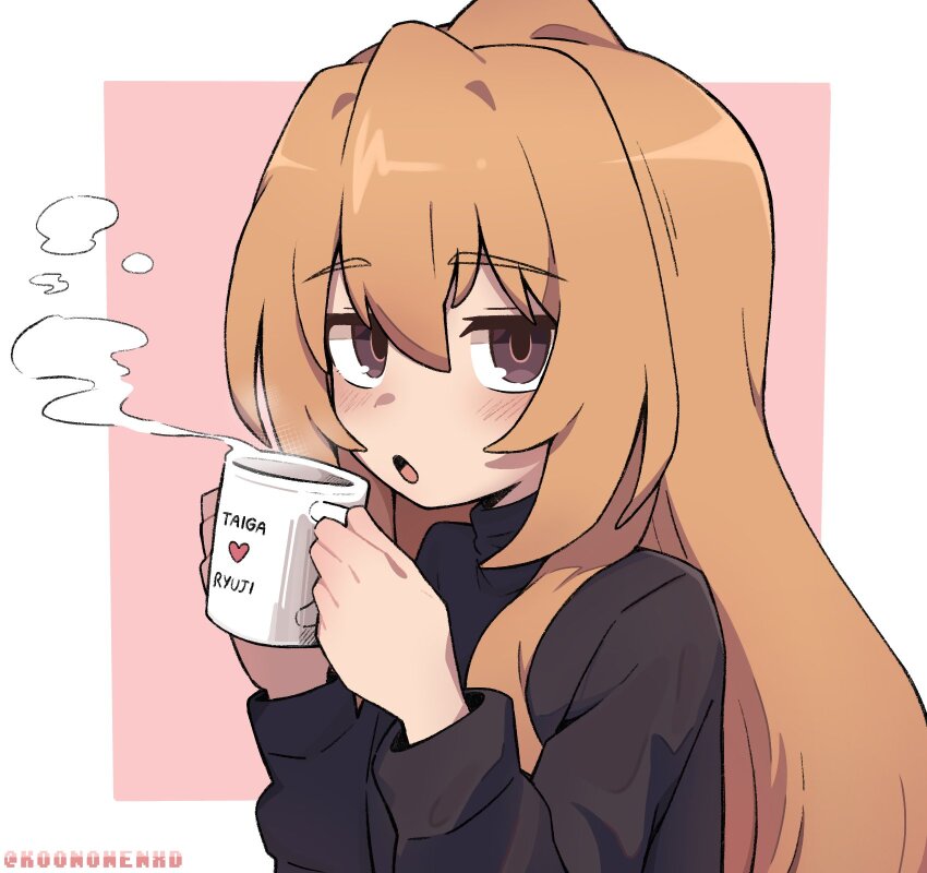 1girl aisaka_taiga black_eyes black_sweater blush border brown_hair coffee_mug commentary cup hair_between_eyes highres holding holding_cup koonowen long_hair long_sleeves looking_at_viewer mug mug_writing open_mouth outside_border pink_background simple_background solo steam sweater toradora! twitter_username upper_body white_border