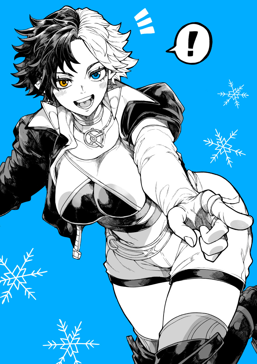 ! 1girl absurdres black_hair blue_background blue_eyes breasts brown_eyes cropped_jacket elbow_gloves fingerless_gloves gloves greyscale_with_colored_background heterochromia highres jacket large_breasts looking_at_viewer luna_snow marvel marvel_rivals multicolored_hair open_clothes open_jacket open_mouth pointing pointing_at_viewer short_hair short_shorts shorts snowflakes solo speech_bubble split-color_hair spot_color teeth two-tone_hair white_hair yotsumi_shiro